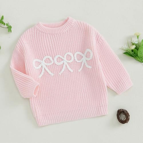 Infant Baby Girl Winter Clothes Embroidered Bow Knitted Sweater Long Sleeve Oversized Sweatshirt Fall Outfit3