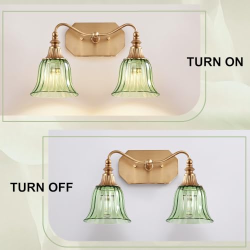 Image of LmnLvn Vintage Gold Bathroom Vanity Light, 2-Light Green Crystal Glass Shade