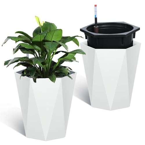 BouPower 2 Pack 16 Inch Tall Diamond Planters, Modern Self-Watering Flower Pots with Water Level Indicator for Indoor & Outdoor Plants, Patio, Porch, & Home Décor, White