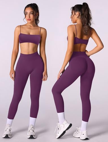 OMEWEE Workout sets for women 2 piece:Spaghetti Straps BacklessTop Bra and High Rise leggings for yoga Purple S — view 5
