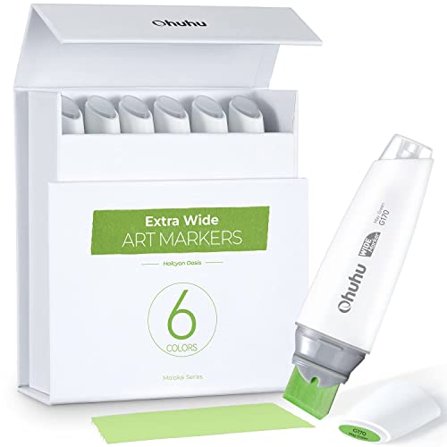 Ohuhu 320 Colors + 1 Colorless Blender Chisel & Brush Tips Double Tipped Art Marker Set Extra Wide Board Tip 6 Colors Of Halcyon Oasis Bundle #TOP24
