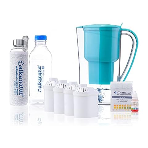 Alkanatur Alkaline Water Filter Pitcher Alkalinity Pack with Borosilicate Bottle - removes Fluorides, Chlorine, Sodium, impurities, Alkaline, Ionized, Hydrogenated Water, high pH 9.5, adds Magnesium Cover