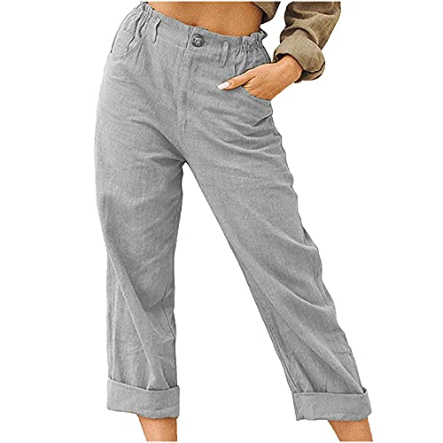 Dasayo Women Button Cotton Linen Capris Trousers Casual Beach Crop Straight Capri Pant Elastic Waist Summer Cropped Pants #TOP28