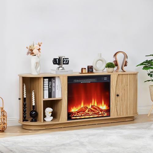 63\" Fireplace TV Stand for TVs Up to 70\" with 23\" Electric Fireplace, Mid-Century Modern Fluted TV Media Console Table with Storage and Shelf, Curved Edge Entertainment Center for Living Room(Natural) - Thumbnail 6