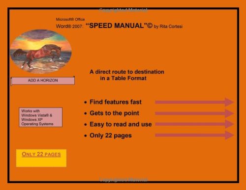 غلاف دليل سرعة Microsoft Office Word 2007، يظهر حصانًا، والعنوان، والميزات الرئيسية.
