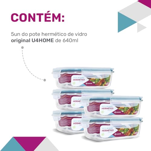 KIT 5 Potes de Vidro Retangular com Tampa Hermética 640ml Cor:Azul (QH)
