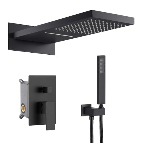Cascada 9”x22” Luxury Shower system (Montaje en pared) con válvula de un solo mando, 3 funciones (Lluvia, Cascada y Ducha de mano) (Negro Mate) miniatura 1