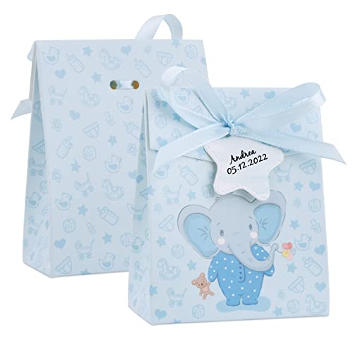 50Pcs Eléphant Sachets Anniversaire Douche Bébé Boîte à Dragées Bonbons Baptême Pochettes Cadeau Bonbonnière Bleu avec Etiquettes à Cordes pour Enfant Fête Communion Baby Shower Mariage