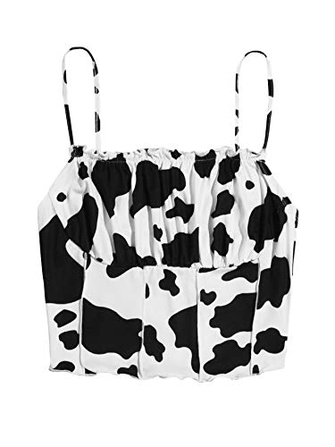 Verdusa Women s Ruched Frill Trim Spaghetti Strap Cow Print Cami Top Black&White XS