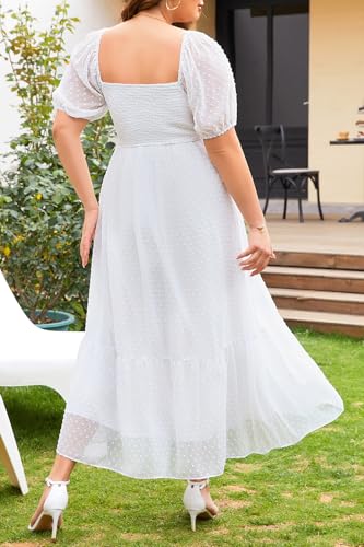 Image of Plus Size Summer Dresses - Swiss Dot Smocked Square Neck Puff Sleeve Boho Maternity Maxi Dress for Baby Shower Wedding Guest