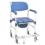 Shower Chair with Wheels Aluminum 4 in 1 Bedside Commode Chair with Foldable Pedal, Mobile Transport Chair Toilet with Detachable Bucket, for Seniors and Disabled, Weight Capacity 330LB (Blue)
