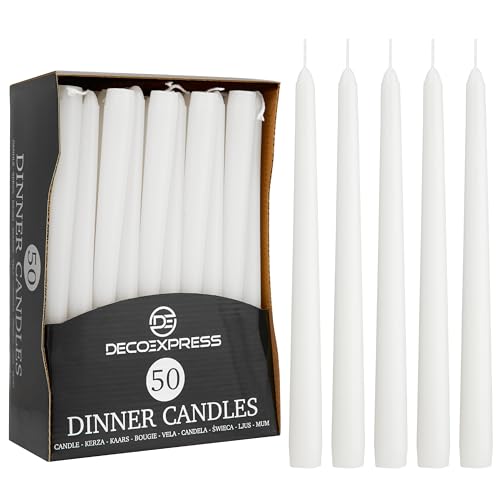 DECO EXPRESS Lot Bougies Effilées, Lot de 6, 10, 15 ou 50, Non Coulantes - Bougies Longue Durée de 8 H, Sans Parfum (Blanc - Lot de 50)