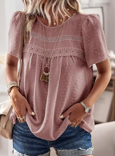 Image of Falechay Womens Summer Tops Crewneck Short Sleeve Shirts Casual Chiffon Blouses Flowy Lace Hem Boho Clothing Trendy 2026
