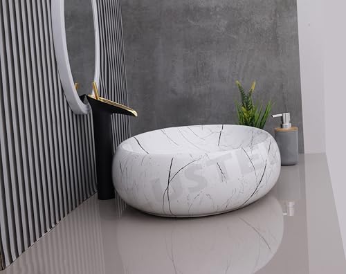 Image of CLUSTER Designer Glossy Ceramic Table Top Wash Basin For Bathroom | Countertop Bathroom Sink For Livingroom, Resturant Decor, Oval Shape (24 x 16 x 6 inch)