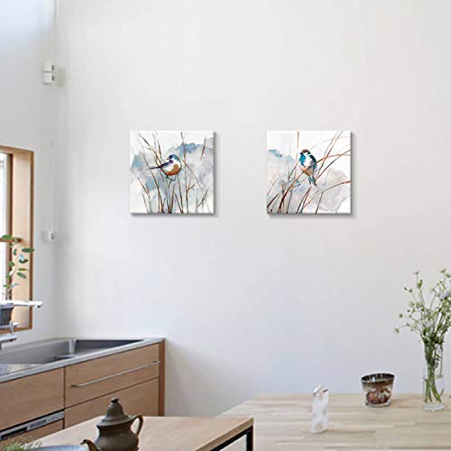 Hardy Gallery Abstract Bird Picture Wall Art: Animal Birds On Reed Artwork Painting On Canvas For Living Room (16” X 16” X 2 Panels) #TOP2