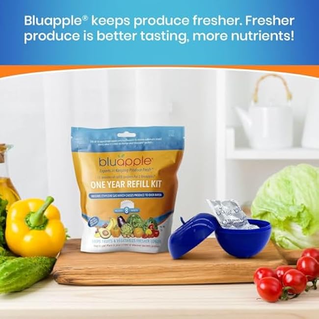 Bluapple Produce Saver Refill Kit - Keep Fruits & Vegetables Fresh Longer, Veggie & Fruit Saver, 8 Packets (9 grams each), Lasts up to 3 Months, Produce Storage, Ethylene Gas Absorber, Made in USA