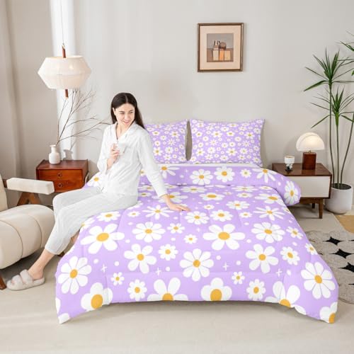 Image of Daisy Flower Groovy Comforter Set Queen Size Kids Boys Girls Bedding | Retro Boho Breathable Soft Lightweight Duvet Set Quilt Set Bedroom Decor Microfiber 3Pcs Light Purple Warm Cozy All Season