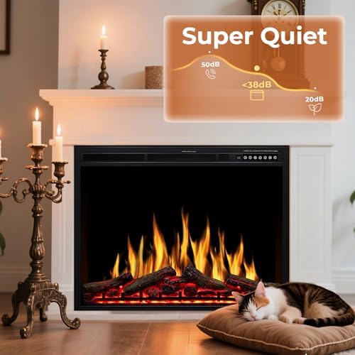 34" Electric Fireplace Insert, Adjustable Changeable Flame & Log Colors, Variable Flame Speed & Brightness, Remote Control, 750W/1500W, 34"x26" Size - Thumbnail 3