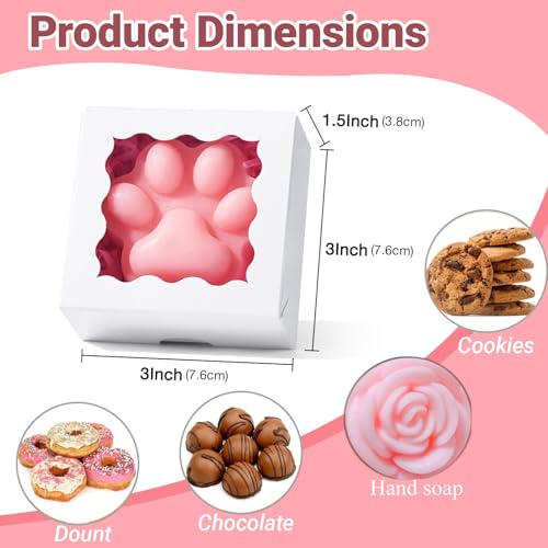 JCXGRVC 50 Count 3\"x3\"x1.5\" White Paper Gift Boxes with Clear Window for Soap, Cookies & Chocolates Truffles & Showcase Your Homemade Treats