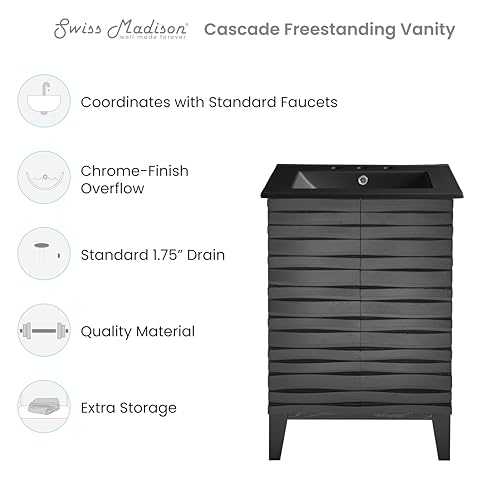 Image of Swiss Madison Cascade 24 in. Black Oak Bathroom Vanity with Black, 3-Hole Ceramic Sink Top