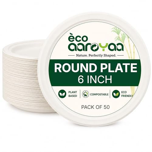 Image of Eco Aaroyaa Round Bagasse 6-Inch Disposable Plates - Eco-Friendly Disposable Plate for Food - Biodegradable Use and Throw Plates - Strong and Sturdy, Oil & Water Resistant (Pack of 50)