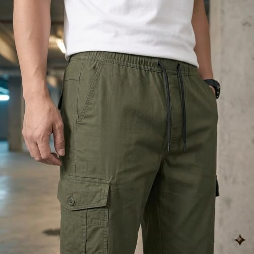 Image of Men's Cargo Trousers-100% Premium Cotton Regular Fit Lightweight Breathable Elastic Waist Multi-Pocket Casual Utility Pants