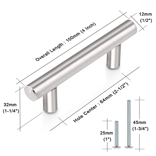 Image of Probrico 20 Pack|Stainless Steel Modern Cabinet Handles, 2-1 /2 Inch Hole Centers Drawer Pulls Kitchen Cupboard Brushed Nickel T Bar Pull Handles, 4 Inch Overall Length