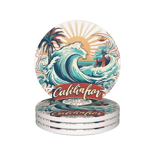 Summer California Beach Drinks Coasters Set of 4, Absorbent Ceramic Stone Cup Coaster with Cork Base, Table Home Décor, Ideal Gifts for Women Men