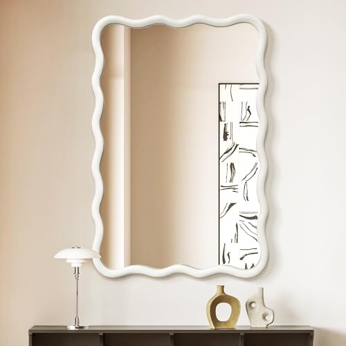 Dorlicecass White Wavy Mirror Solid Wood- Squiggly Mirror Vanity Modern
