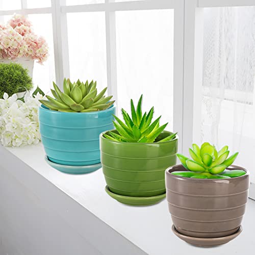 Elsjoy Set Of 6 Ceramic Succulents Planter With Drainage Tray, 4.3 Inch Decorative Flower Pots Saucer Small Planter Pot For House Plants, Indoor Outdoor Plants, 6 Colors #TOP6