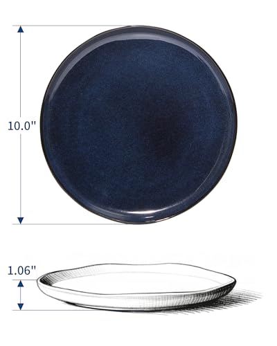 Image of Pokini 10 Inch Ceramic Dinner Plates Set of 6, Wavy Rim Stoneware Plates | Reactive Glaze Plate Set, Microwave & Dishwasher Safe, Scratch Resistant, Ideal for Steak, Pizza, Lunch, Serving, Starry Blue