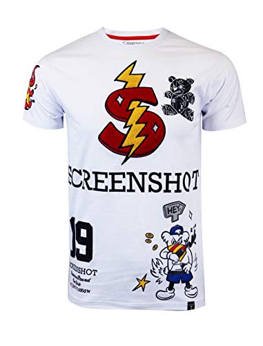 SCREENSHOT-S11114 Mens Hip-Hop Premium Tee - Sports Varsity Teddy Bear Graffiti Streetwear Patch Embroidery Gel Print T-Shirt-White-Medium