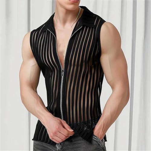 Men's Vertical Stripe Perspective Zipper Vests Male Thin Sleeveless Tank Tops2