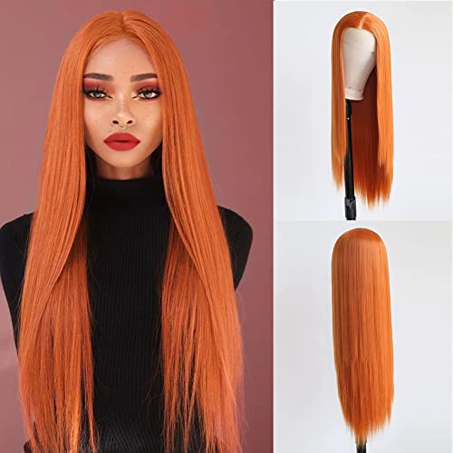 Angle Lucky Ginger Wigs for Women Synthetic Lace Front Wig Long Straight Ginger 360# Color Natural Hairline Wig Heat Resistant Fiber Hair Replacement Wigs Daily Use 24’’