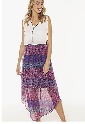 Vestido Longo em Crepe Estampado Under79 Fúcsia e Branco (P)