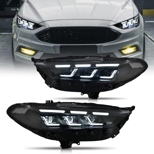 letsdate Triple Projector Headlights Fit For 2nd Gen(CD4) Facelift Fusion Sedan 2017-2020 US Halogen Only w/Startup Animation w/Amber Sequential Sold as Pair Mustang Style