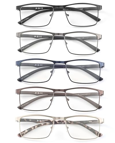 JM 5 Pack Rectangular Reading Glasses Men, Blue Light Blocking Computer Readers, Metal Thin Frame Spring Hinge Eyeglasses, 2.5+