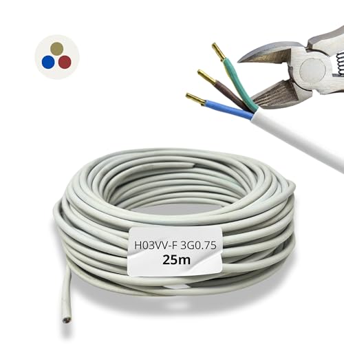 HALOTEC | 25m Cable Eléctrico 3 Hilos 3x0.75 mm² PVC Blanco | H03VV-F para Extensiones e Instalación Redonda Flexible | Ideal Hogar, Oficina y Proyectos de Iluminación Segura, Resistente y Duradera