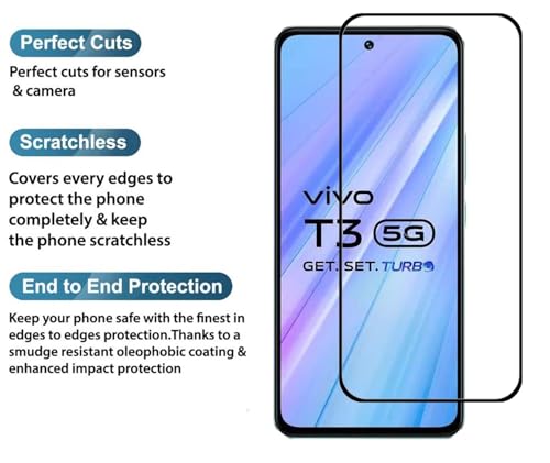 Image of Tempered Glass Screen Protector Compatible for Vivo T3 5G, iQOO Z9 5G with Edge to Edge Coverage and Easy Installation Kit, Pack of 1, Black