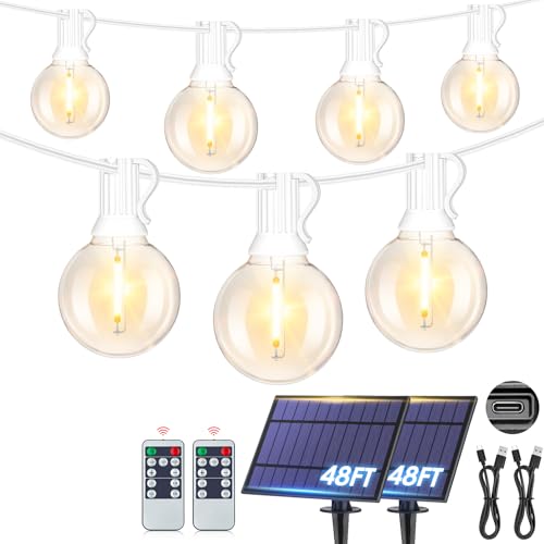 Mlambert 96Ft(2x48Ft) Solar String Lights, Outdoor Waterproof Patio Lights with 15 Shatterproof G40 Bulbs(2 Spare), Led Light for Backyard-White Wire