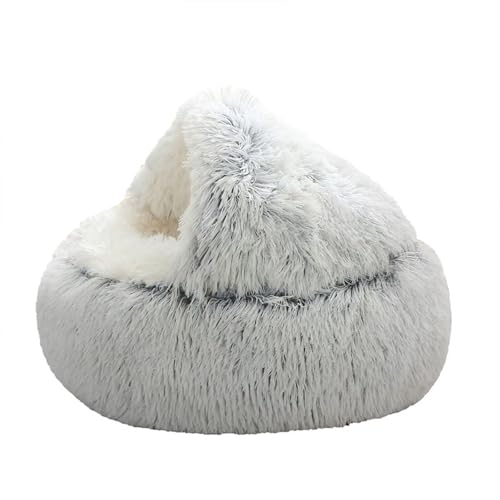 Calming Cat Bed with Self-Warming Plush, Round Hooded Cat Cozy Cave for Indoor Cats & Small Dogs, Cat Bed Machine Washable, Anti-Slip Base & Breathable - All Seasons (Gray, L)