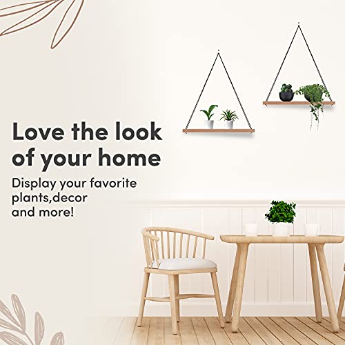 OMYSA Hanging Shelves for Wall - Set of 2 Boho Shelf Decor - Macrame Hanging Shelf for Plants - Floating, Rope Bookshelves - Small Wood Shelving for Bedroom, Bathroom, Living Room - Brown - Image 2