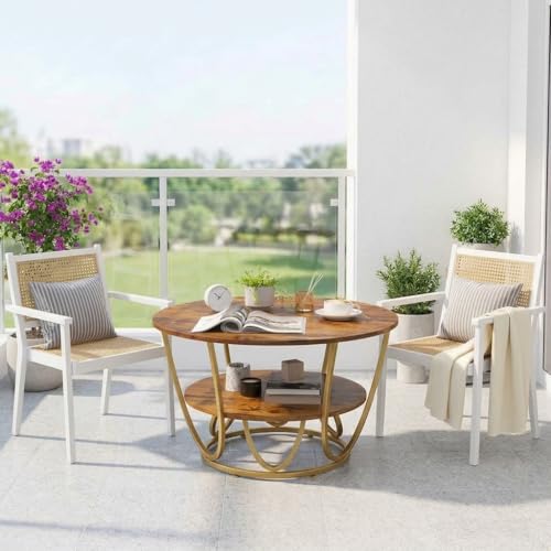 Image of EDEUEQUE Round Coffee Table Modern Sofa Side Table for Living Room End Table Telephone Table with 1 Shelf Storage Wooden Tabletop-Marble Print with Metal Frame (Golden Brown)