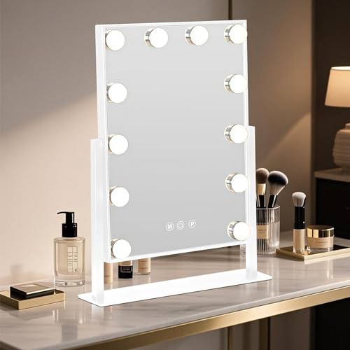Image of Hviww Vanity Mirror with Lights, 47x30cm 12 LED Bulbs Dressing Table Mirror with 3 Lighting Modes, Smart Touch Sensor Switch 360° Rotation Anti-Slipping Base (White)