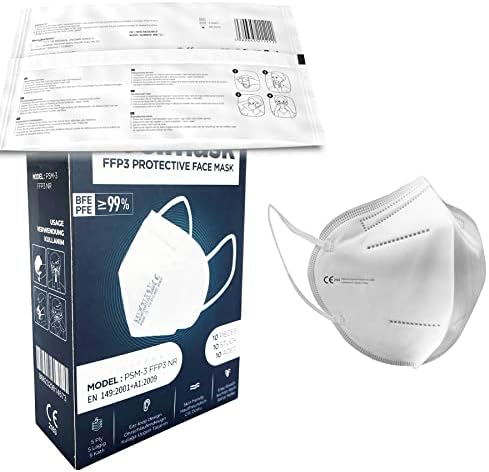 10pk FFP3 Face Mask - Individually Wrapped | 99.43% High Filtration - 5 Layers | EN149 CE Certified | Hypoallergenic | Fluid Resistant | Ear Loops & Adaptable Nose Bridge | Box of 10