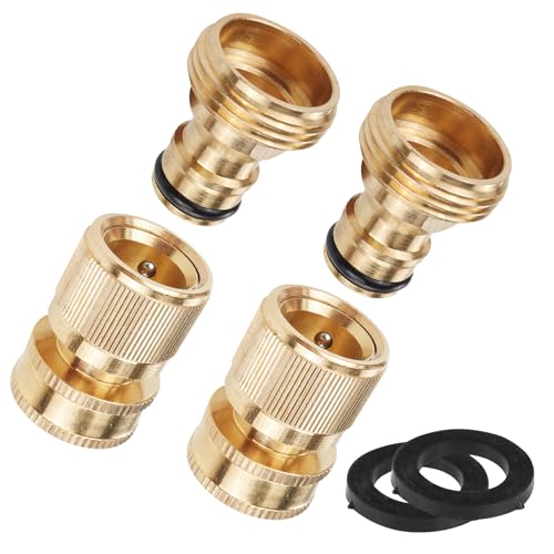 Xiuouix 2 Sets Solid Brass Quick Connect Hose Fittings, 3/4 Inch GHT Thread, No-Leak Water Hose Quick Connect Fittings, Male and Female (2 Packs)