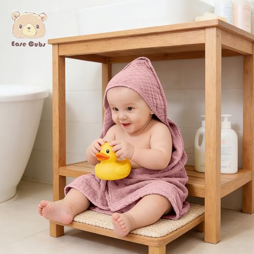 Image of Ease Cubs 3-Pack Muslin Hooded Baby Towels, 100% Cotton, Ultra-Soft & Absorbent Baby Bath Towels with Hood for Babies, Infant, Toddler and Newbron (Pink and Sakura Series,32 inch x 32 inch)