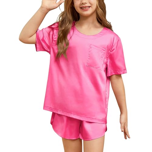 QPANCY Silk Pajamas for Girls 2 Piece Short Sleeve Loungewear Kids Satin Pajamas Sets