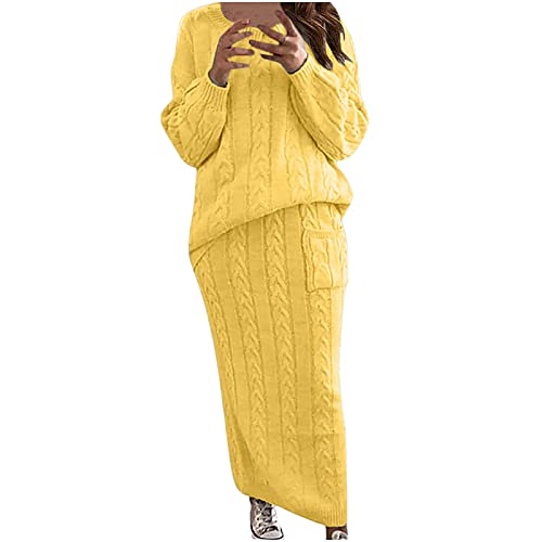 2021 Sweater Dress for Women Casual Solid Long Sleeve Crewneck Oversized Cable Knit Sweater Long Skirt Warm Two Piece Outfits Yellow