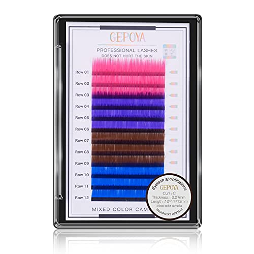 GEPOYA Color Eyelash Extension 0.07mm Thickness C Curl 3D Layer Volume Lash- 3 Lengths and 4 Colors Mixed Tray- Professional Salon Use